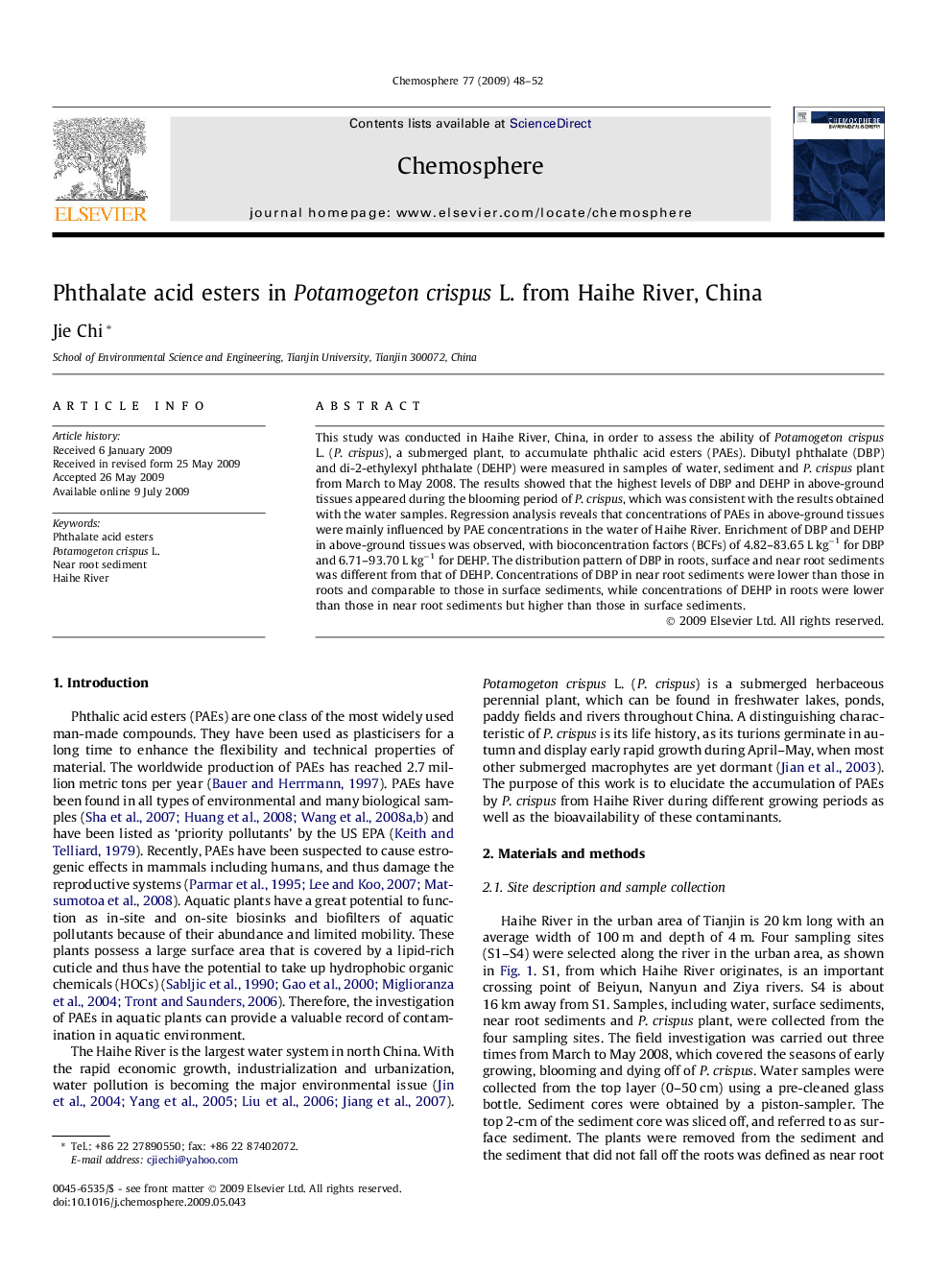 Phthalate acid esters in Potamogeton crispus L. from Haihe River, China