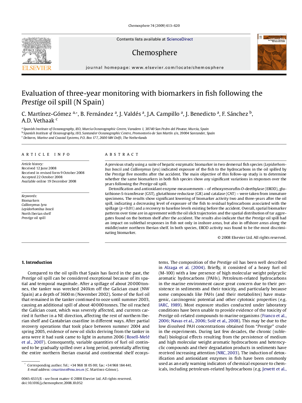 Evaluation of three-year monitoring with biomarkers in fish following the Prestige oil spill (N Spain)