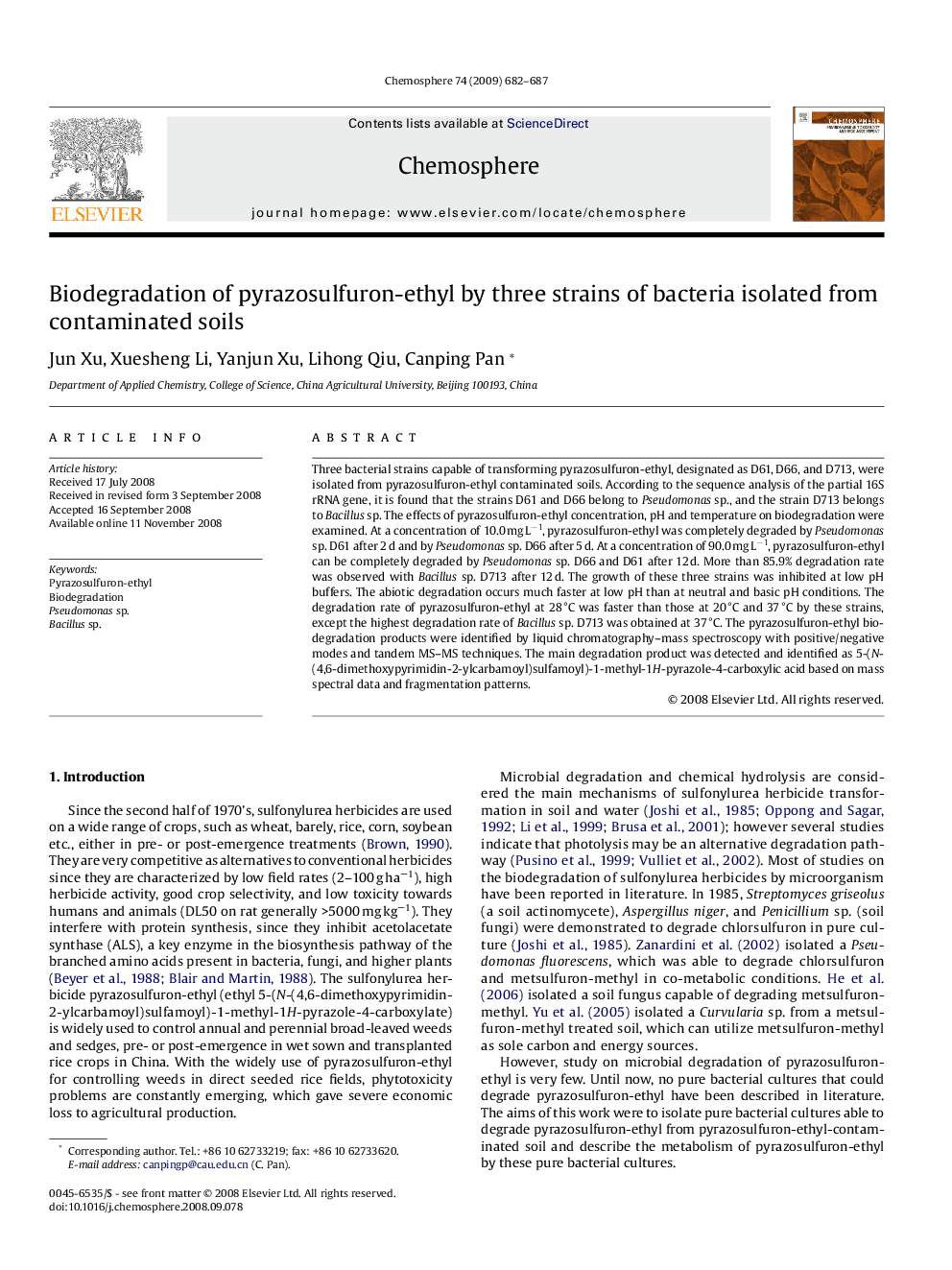 Biodegradation of pyrazosulfuron-ethyl by three strains of bacteria isolated from contaminated soils