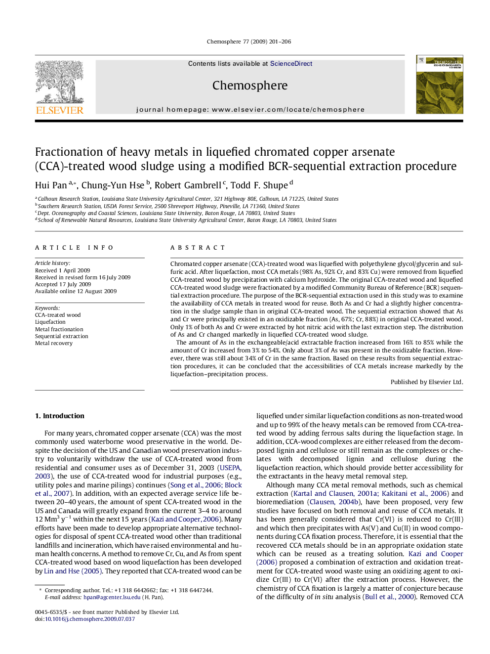 Fractionation of heavy metals in liquefied chromated copper arsenate 9-treated wood sludge using a modified BCR-sequential extraction procedure