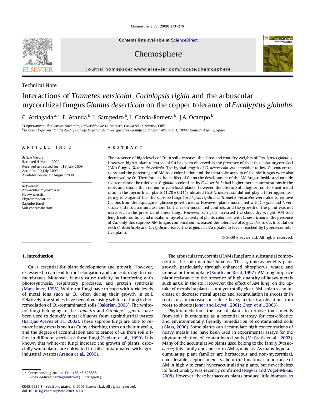 Interactions of Trametes versicolor, Coriolopsis rigida and the arbuscular mycorrhizal fungus Glomus deserticola on the copper tolerance of Eucalyptus globulus