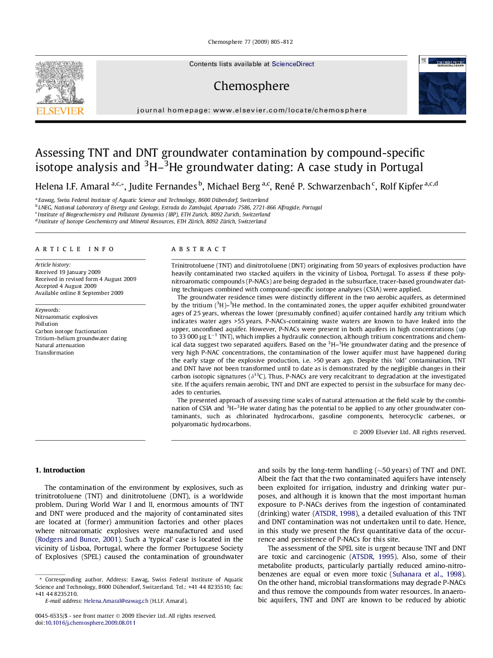 Assessing TNT and DNT groundwater contamination by compound-specific isotope analysis and 3H–3He groundwater dating: A case study in Portugal