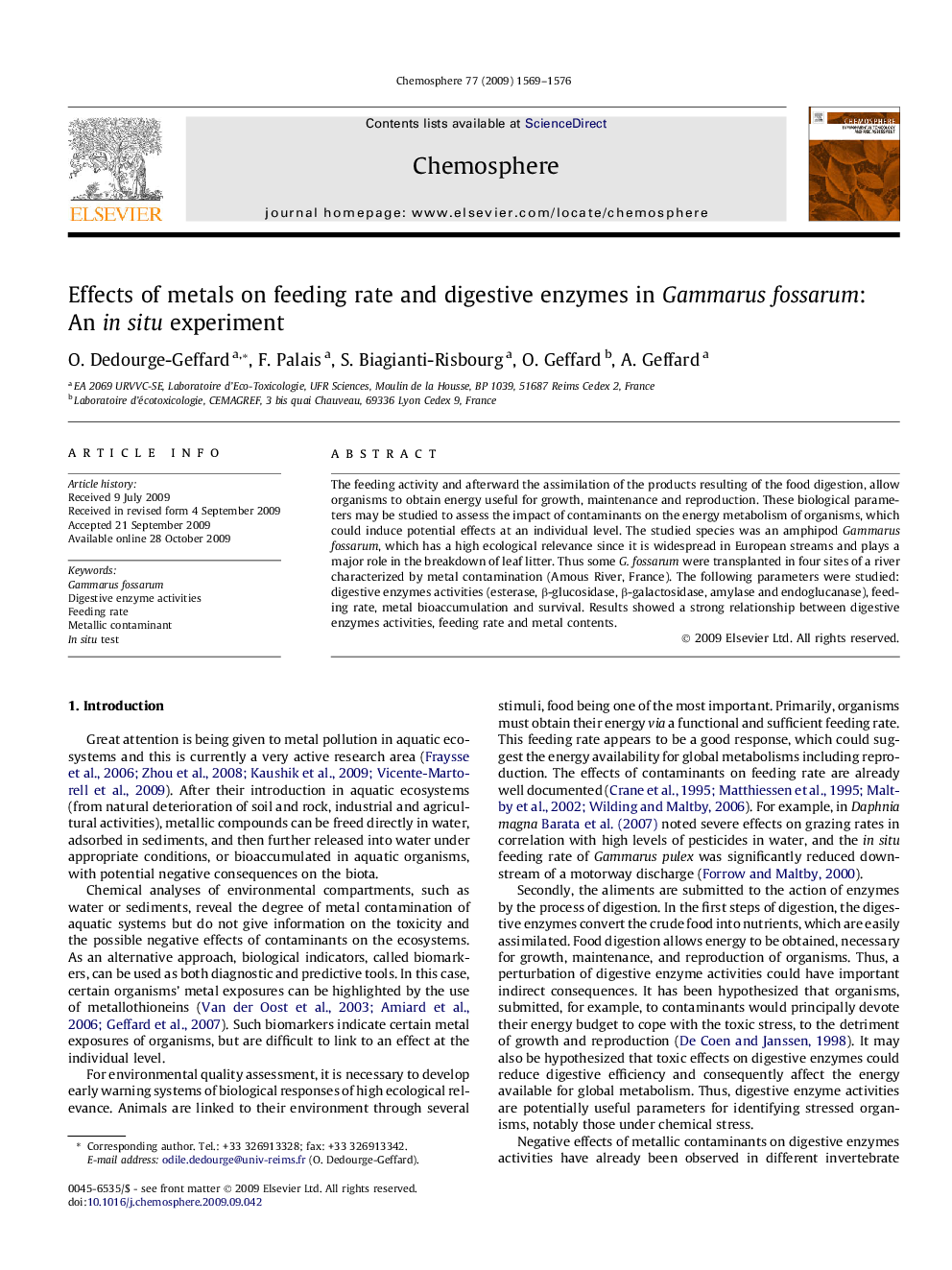 Effects of metals on feeding rate and digestive enzymes in Gammarus fossarum: An in situ experiment