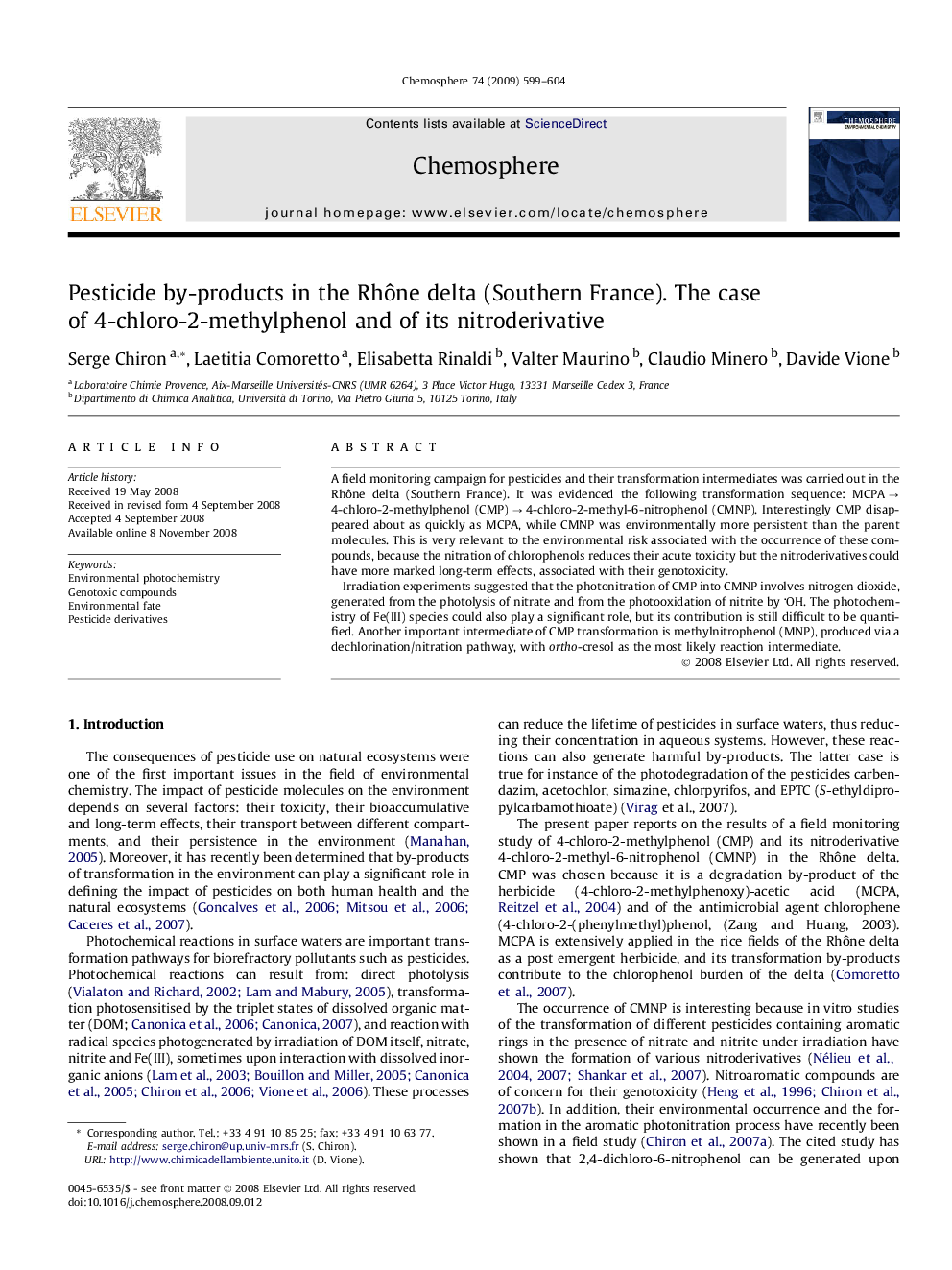 Pesticide by-products in the Rhône delta (Southern France). The case of 4-chloro-2-methylphenol and of its nitroderivative