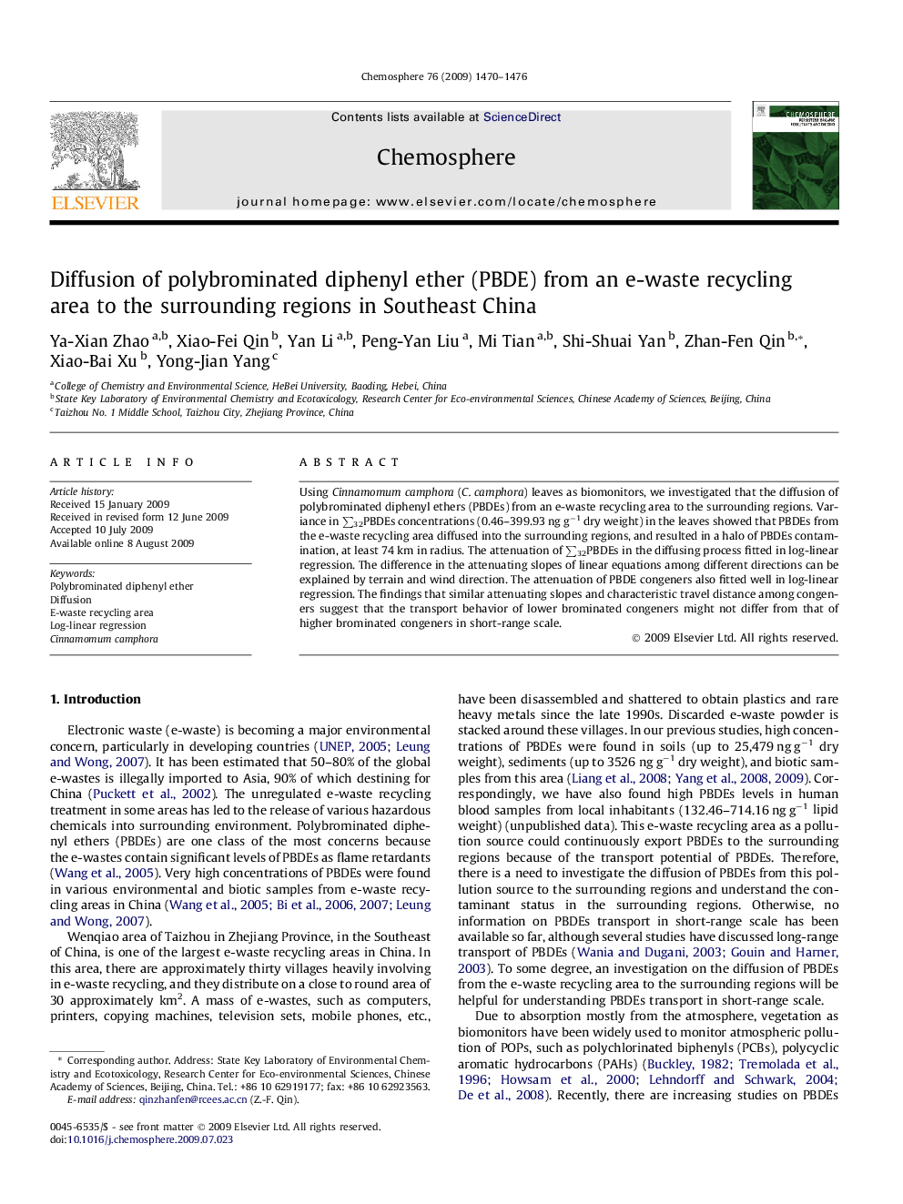 Diffusion of polybrominated diphenyl ether (PBDE) from an e-waste recycling area to the surrounding regions in Southeast China