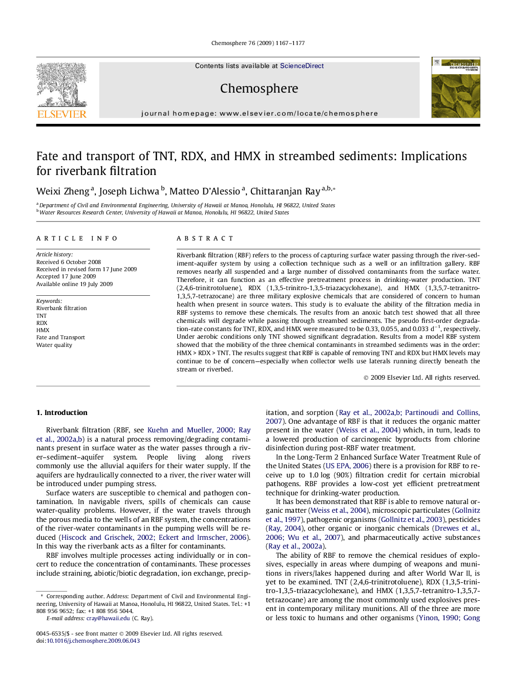 Fate and transport of TNT, RDX, and HMX in streambed sediments: Implications for riverbank filtration