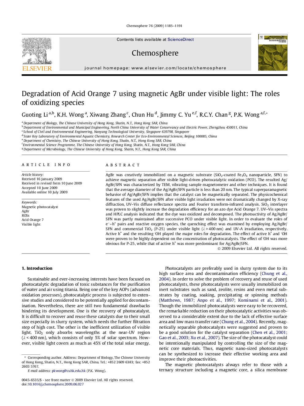 Degradation of Acid Orange 7 using magnetic AgBr under visible light: The roles of oxidizing species