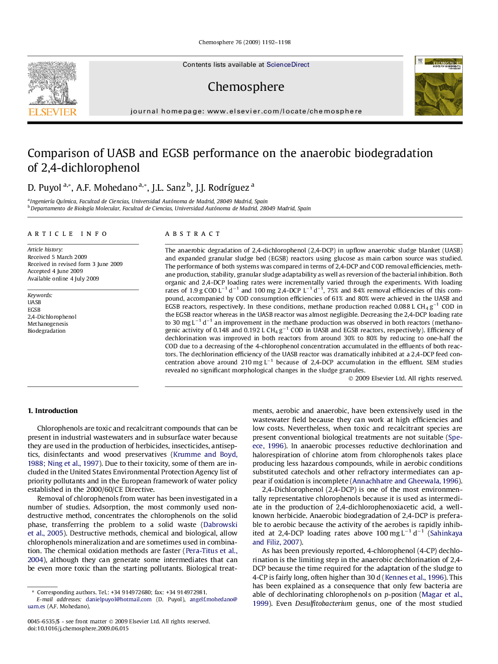 Comparison of UASB and EGSB performance on the anaerobic biodegradation of 2,4-dichlorophenol