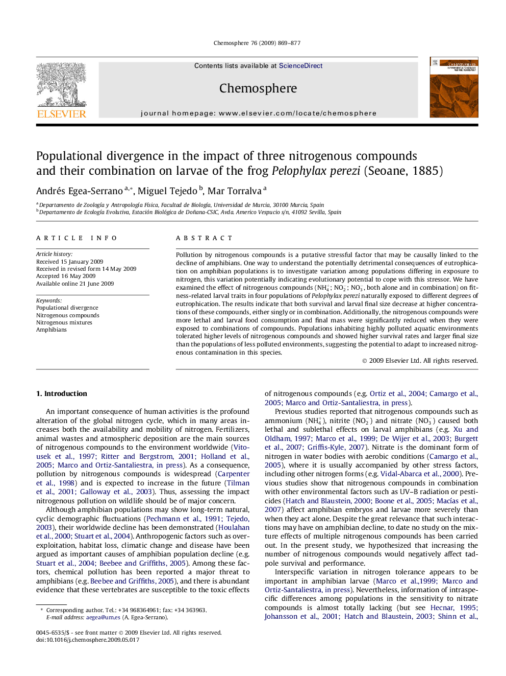 Populational divergence in the impact of three nitrogenous compounds and their combination on larvae of the frog Pelophylax perezi (Seoane, 1885)