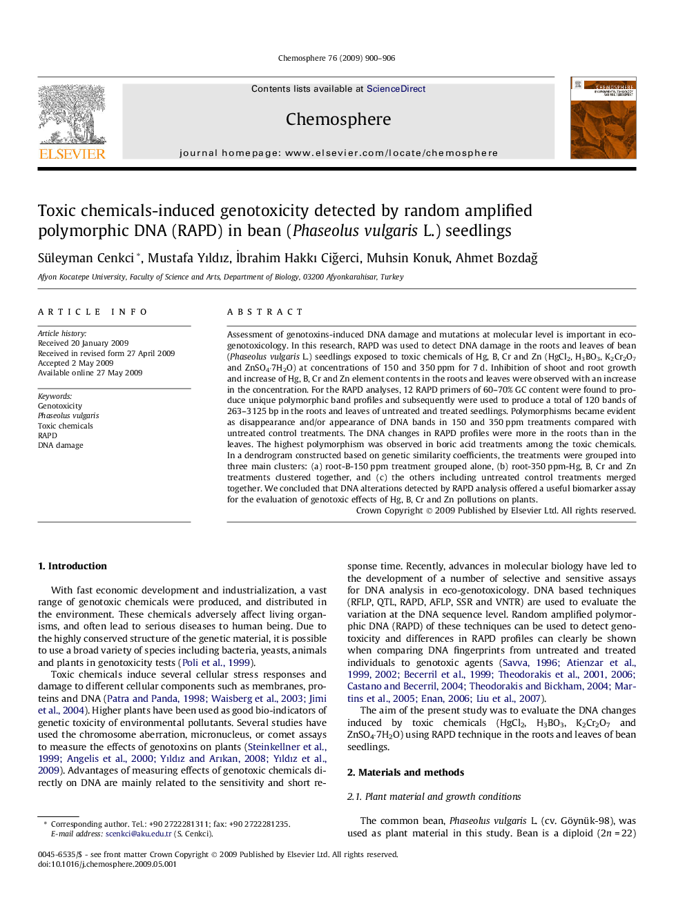 Toxic chemicals-induced genotoxicity detected by random amplified polymorphic DNA (RAPD) in bean (Phaseolus vulgaris L.) seedlings