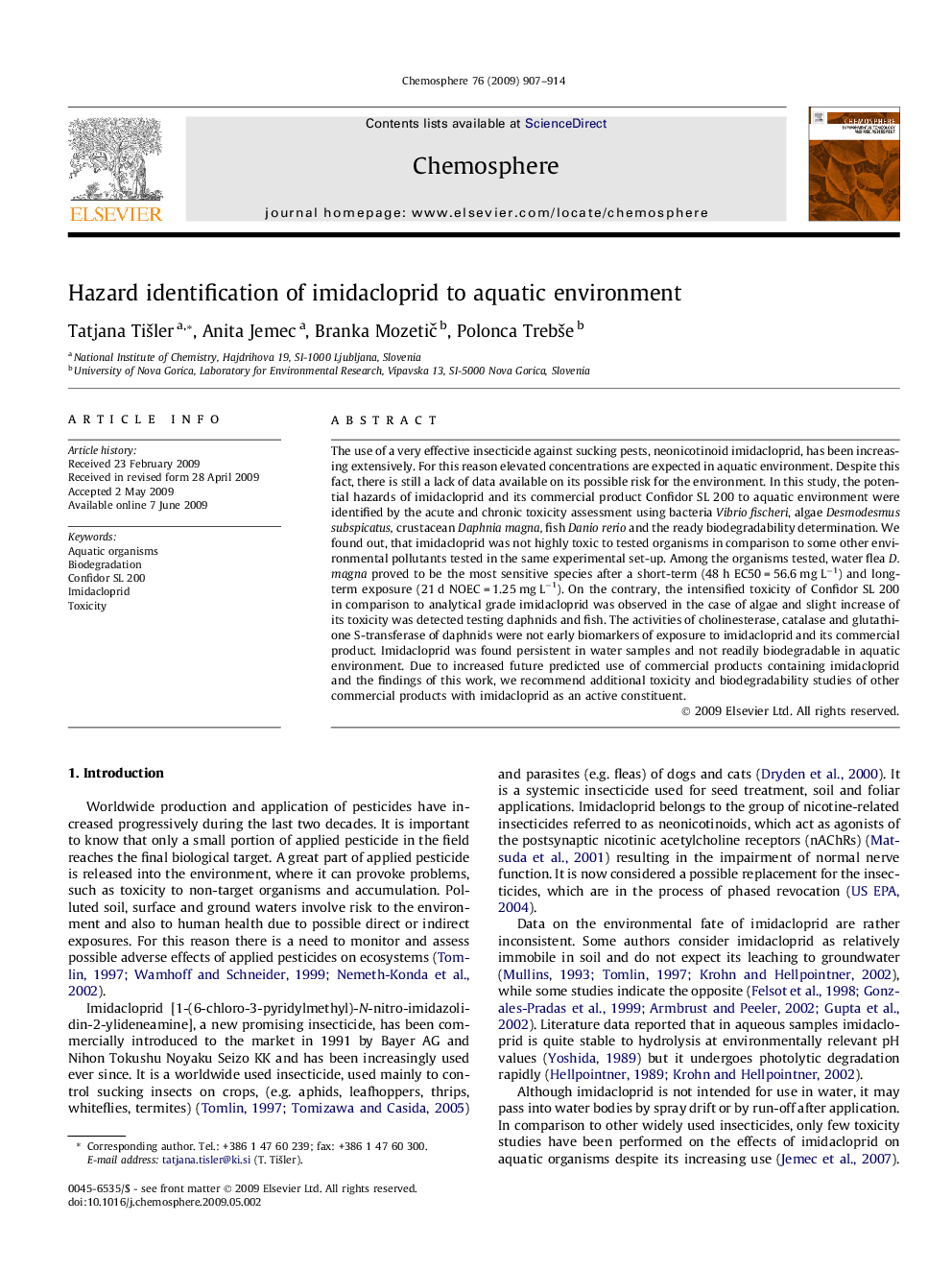 Hazard identification of imidacloprid to aquatic environment