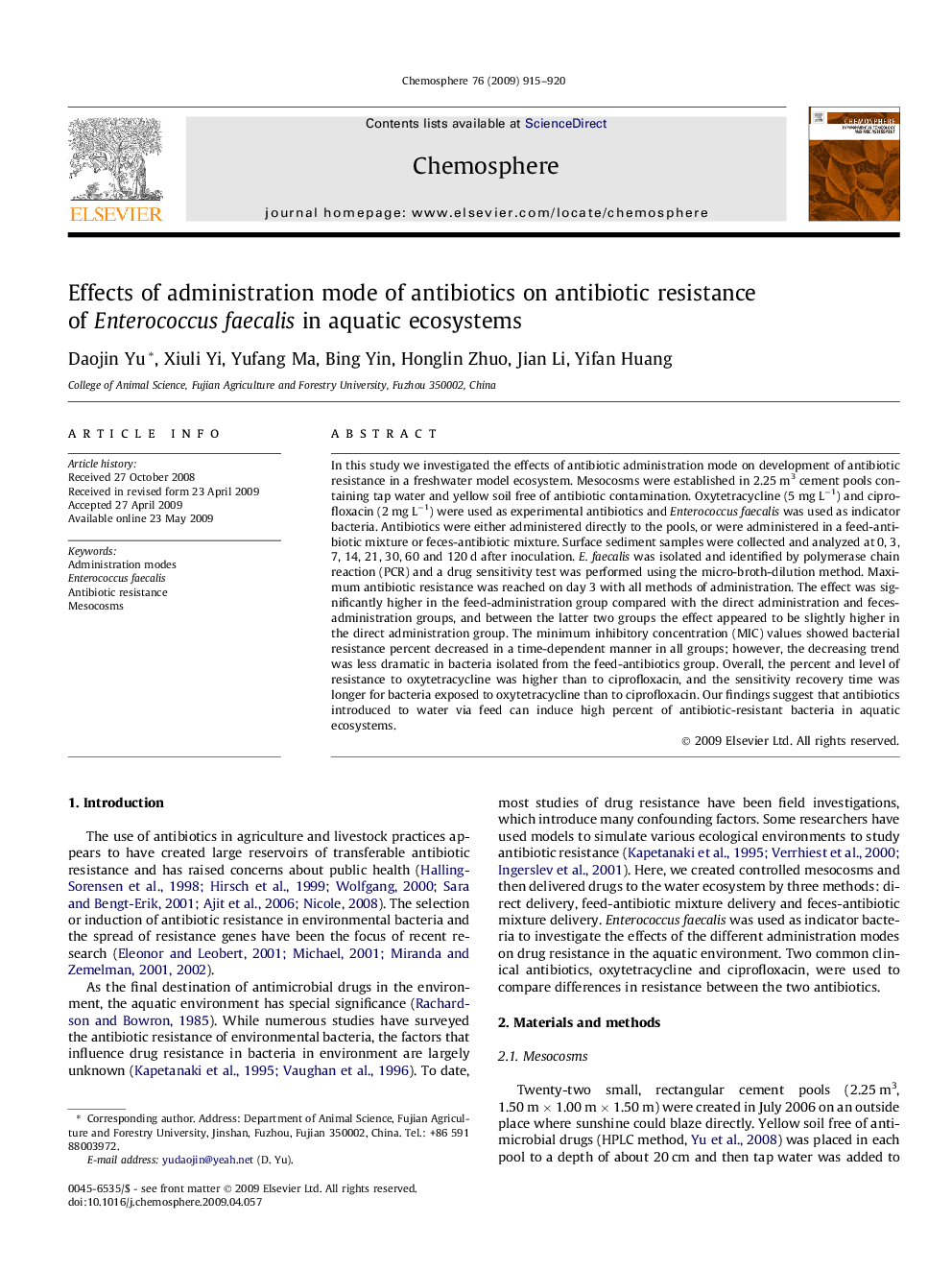 Effects of administration mode of antibiotics on antibiotic resistance of Enterococcus faecalis in aquatic ecosystems