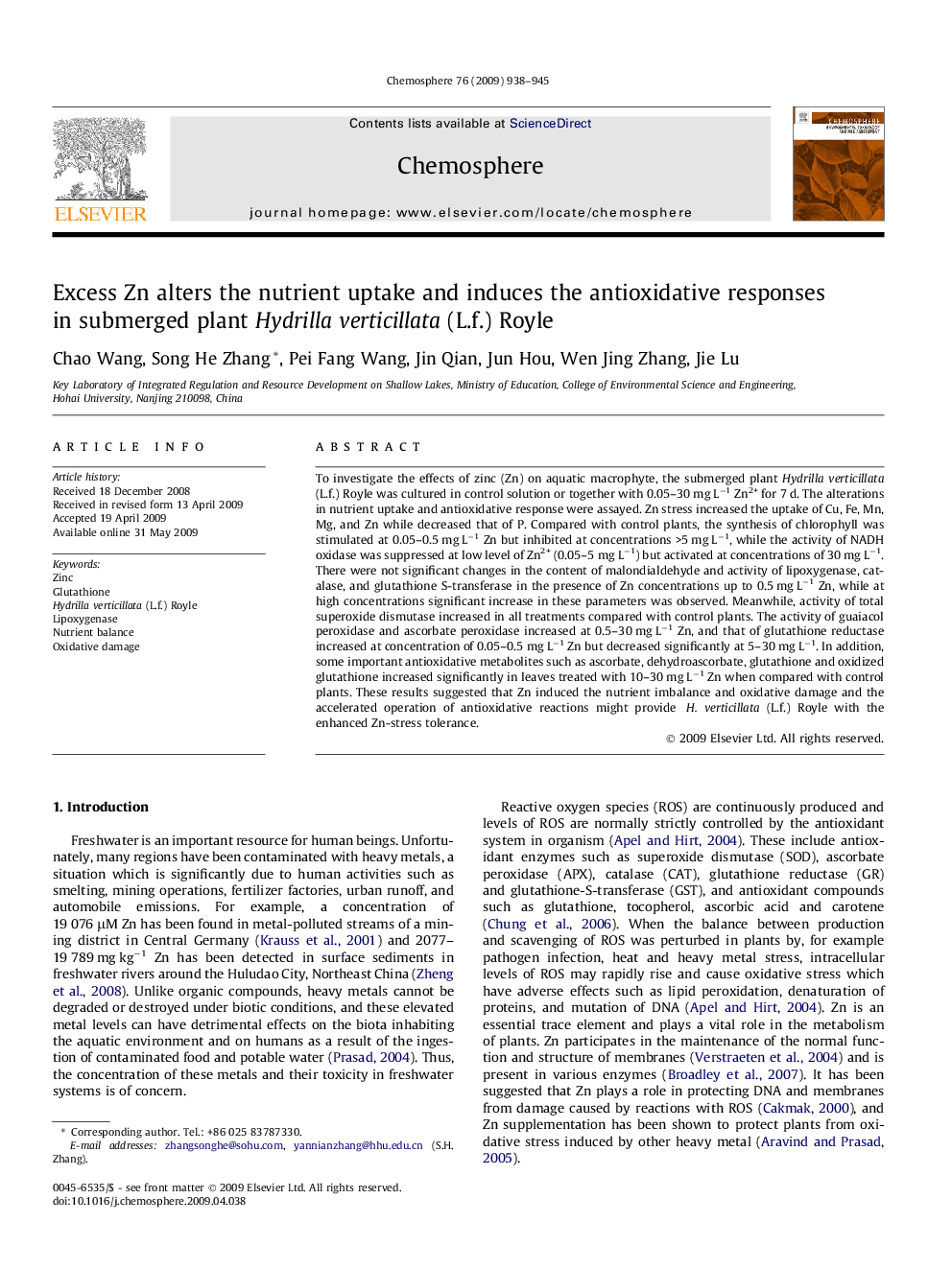 Excess Zn alters the nutrient uptake and induces the antioxidative responses in submerged plant Hydrilla verticillata (L.f.) Royle