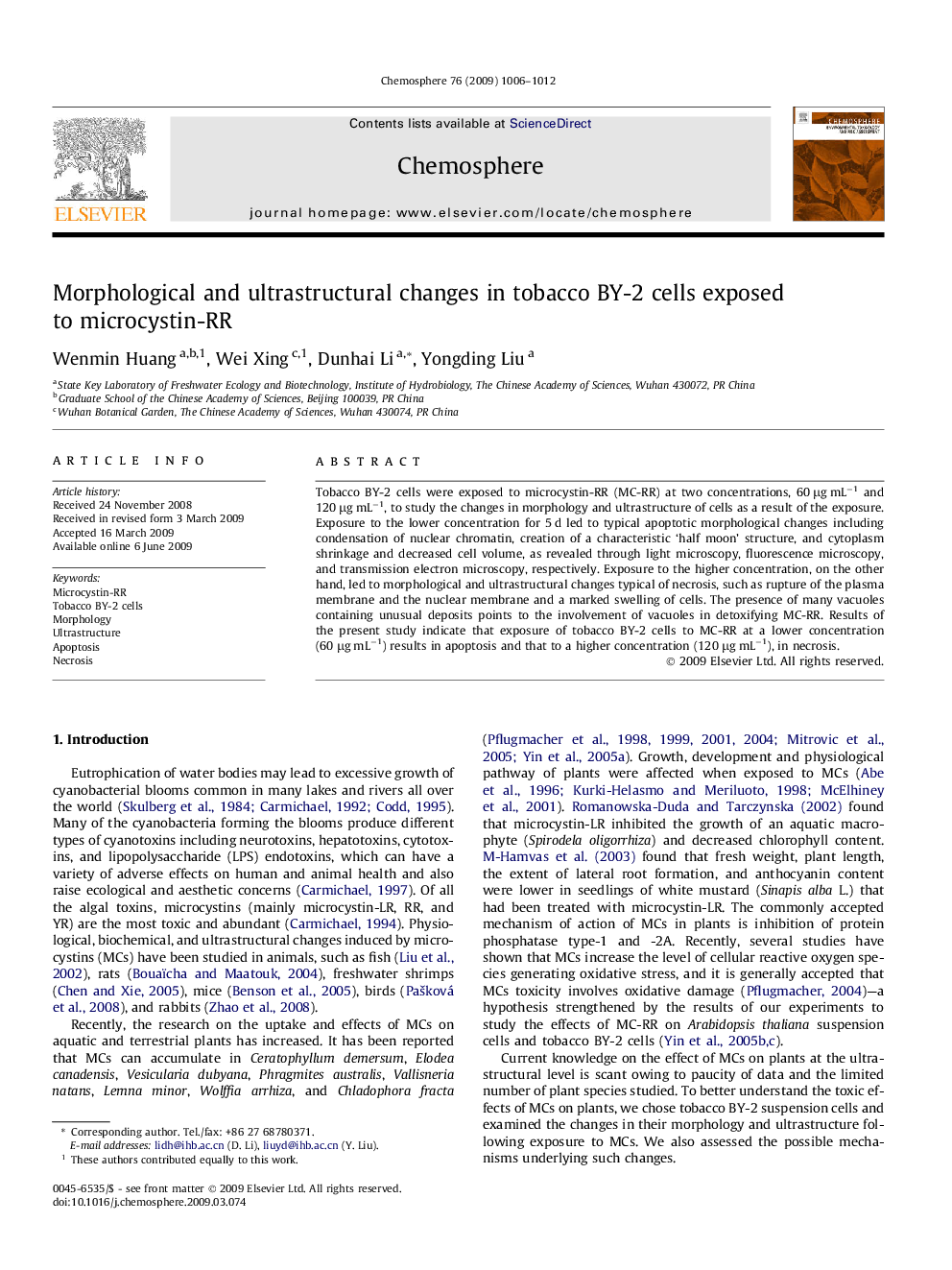 Morphological and ultrastructural changes in tobacco BY-2 cells exposed to microcystin-RR