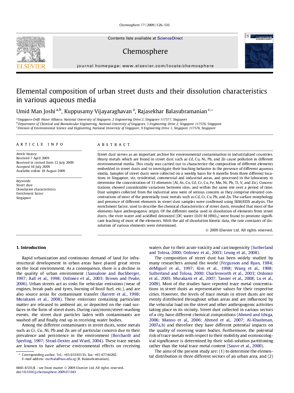 Elemental composition of urban street dusts and their dissolution characteristics in various aqueous media