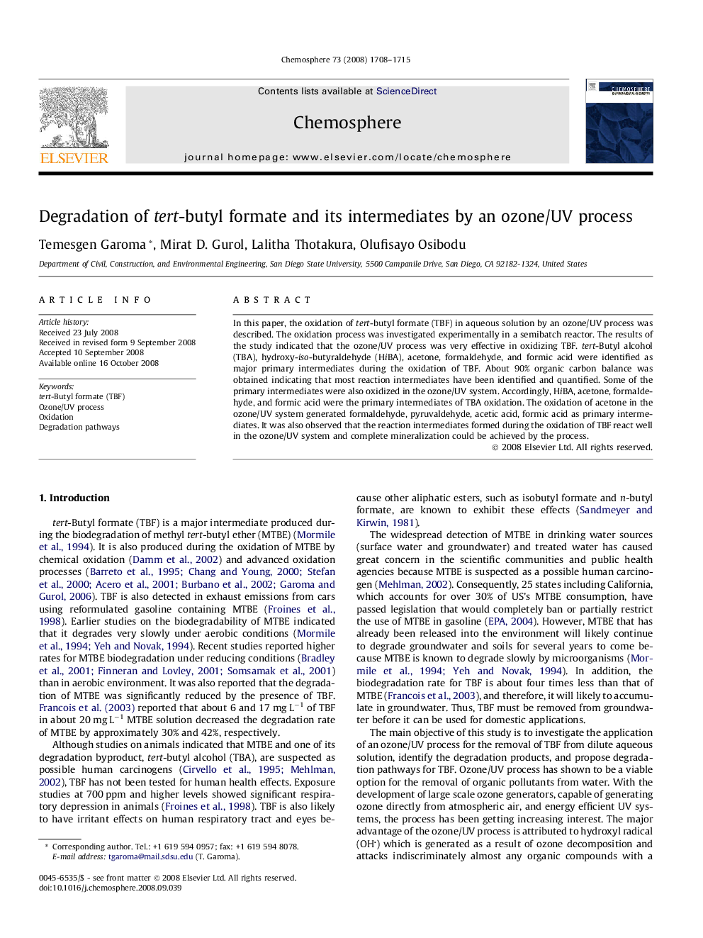 Degradation of tert-butyl formate and its intermediates by an ozone/UV process