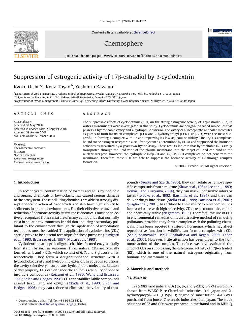 Suppression of estrogenic activity of 17β-estradiol by β-cyclodextrin