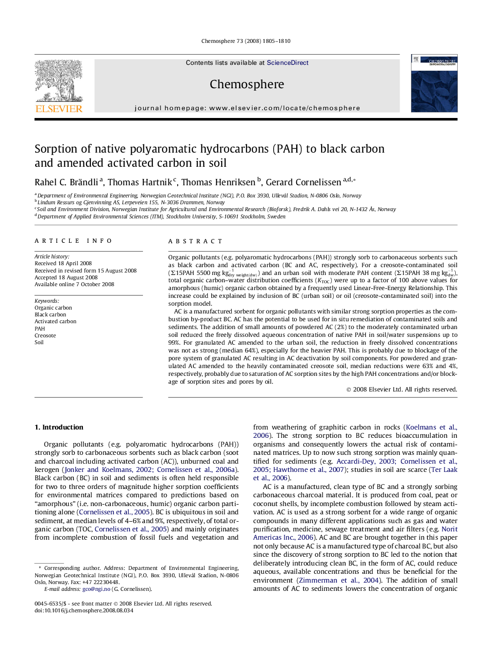 Sorption of native polyaromatic hydrocarbons (PAH) to black carbon and amended activated carbon in soil