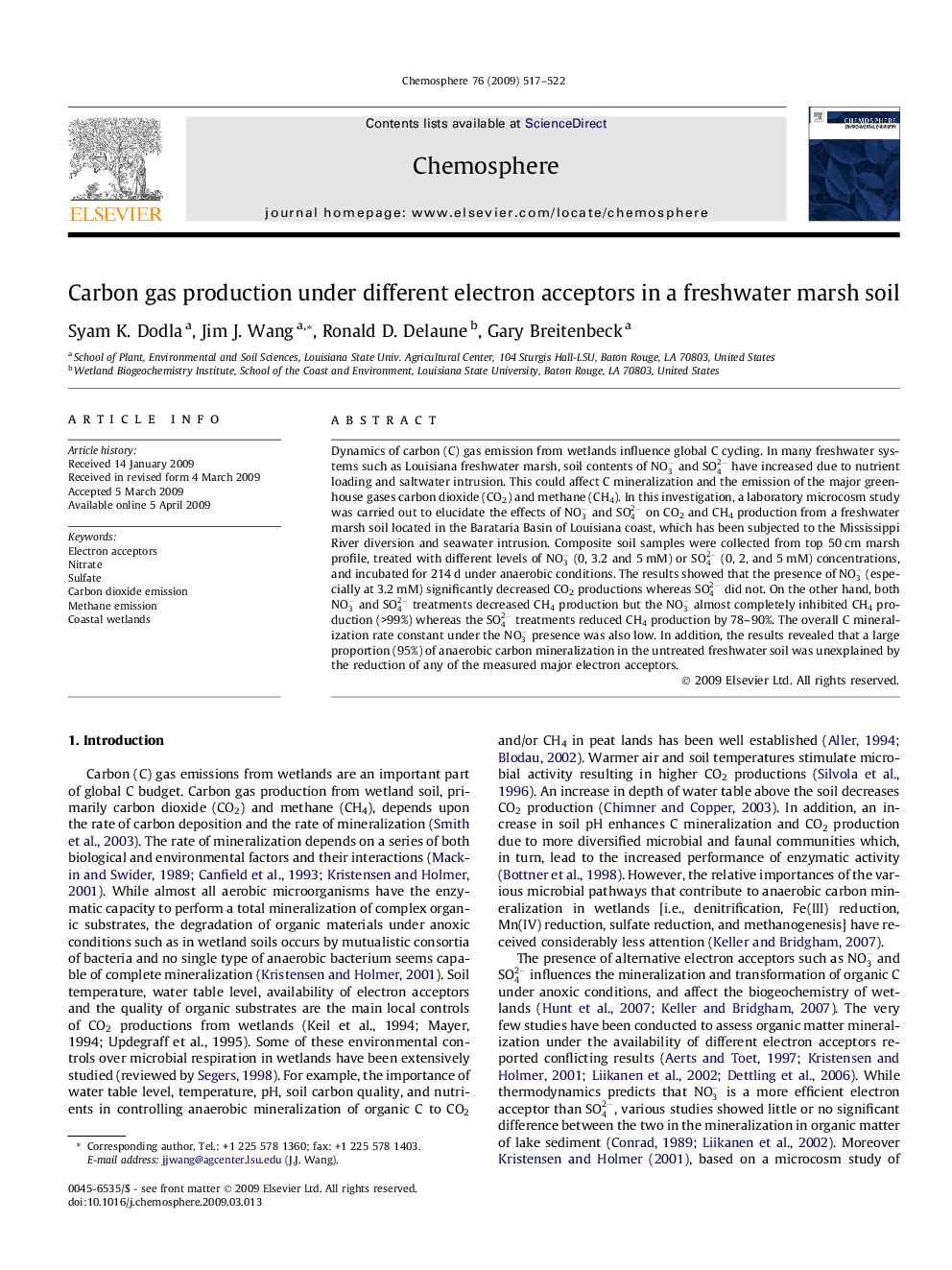 Carbon gas production under different electron acceptors in a freshwater marsh soil