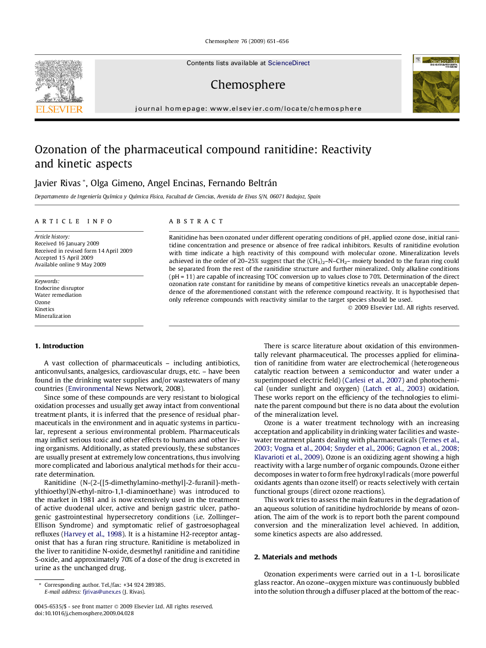 Ozonation of the pharmaceutical compound ranitidine: Reactivity and kinetic aspects