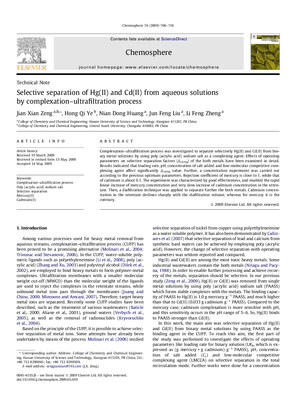 Selective separation of Hg(II) and Cd(II) from aqueous solutions by complexation–ultrafiltration process