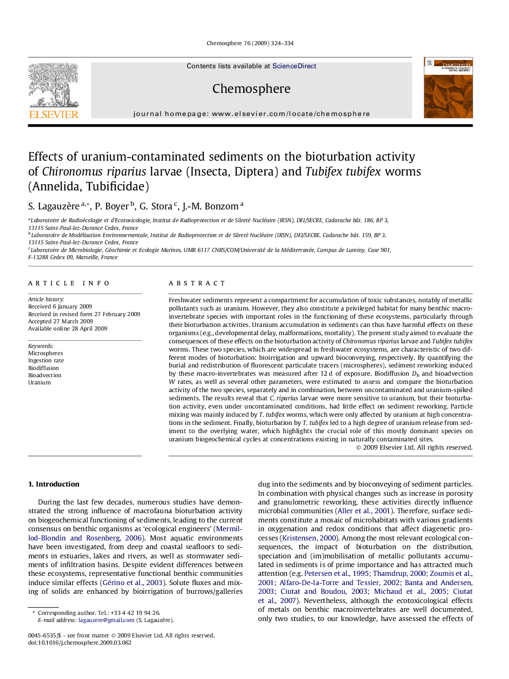 Effects of uranium-contaminated sediments on the bioturbation activity of Chironomus riparius larvae (Insecta, Diptera) and Tubifex tubifex worms (Annelida, Tubificidae)