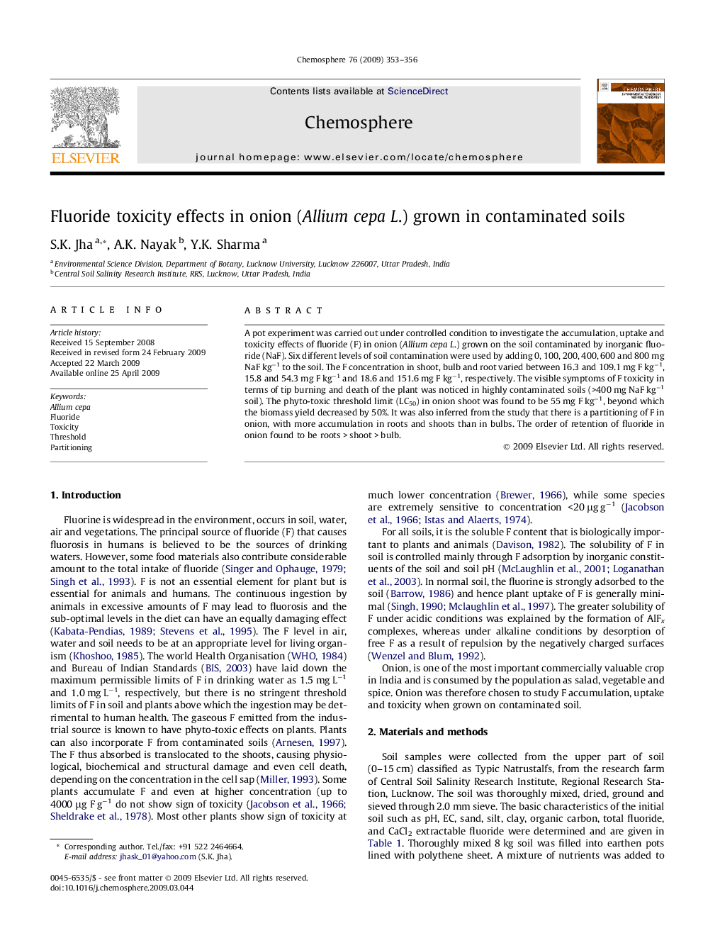 Fluoride toxicity effects in onion (Allium cepa L.) grown in contaminated soils