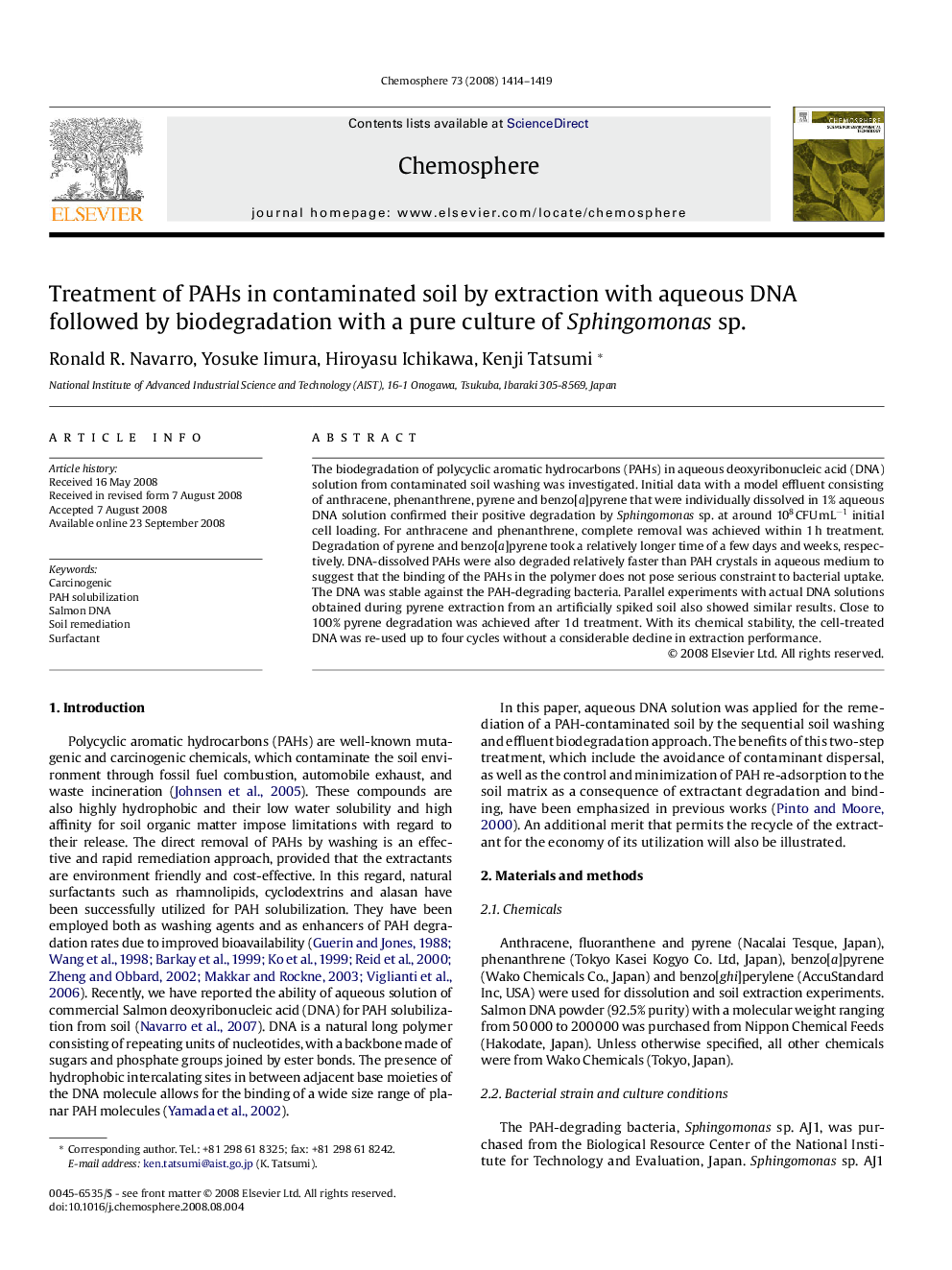 Treatment of PAHs in contaminated soil by extraction with aqueous DNA followed by biodegradation with a pure culture of Sphingomonas sp.