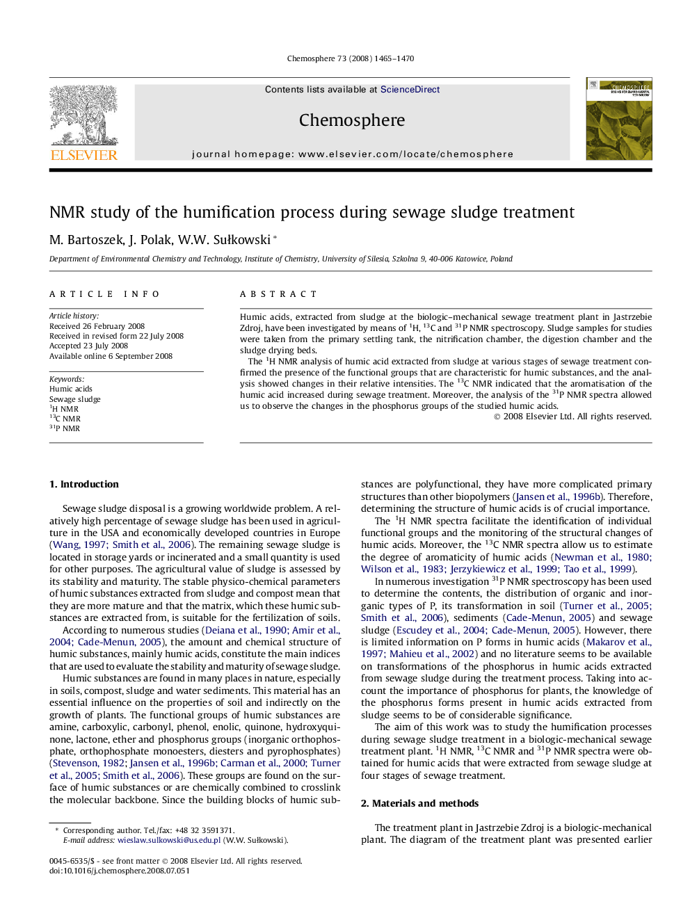 NMR study of the humification process during sewage sludge treatment