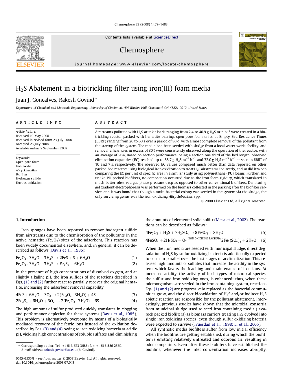 H2S Abatement in a biotrickling filter using iron(III) foam media