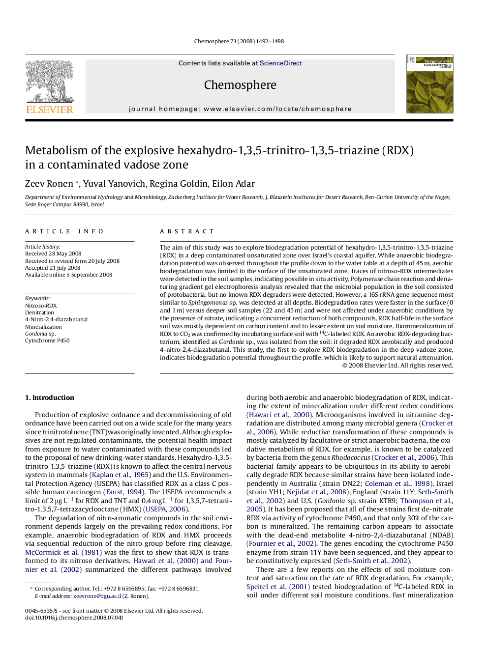 Metabolism of the explosive hexahydro-1,3,5-trinitro-1,3,5-triazine (RDX) in a contaminated vadose zone