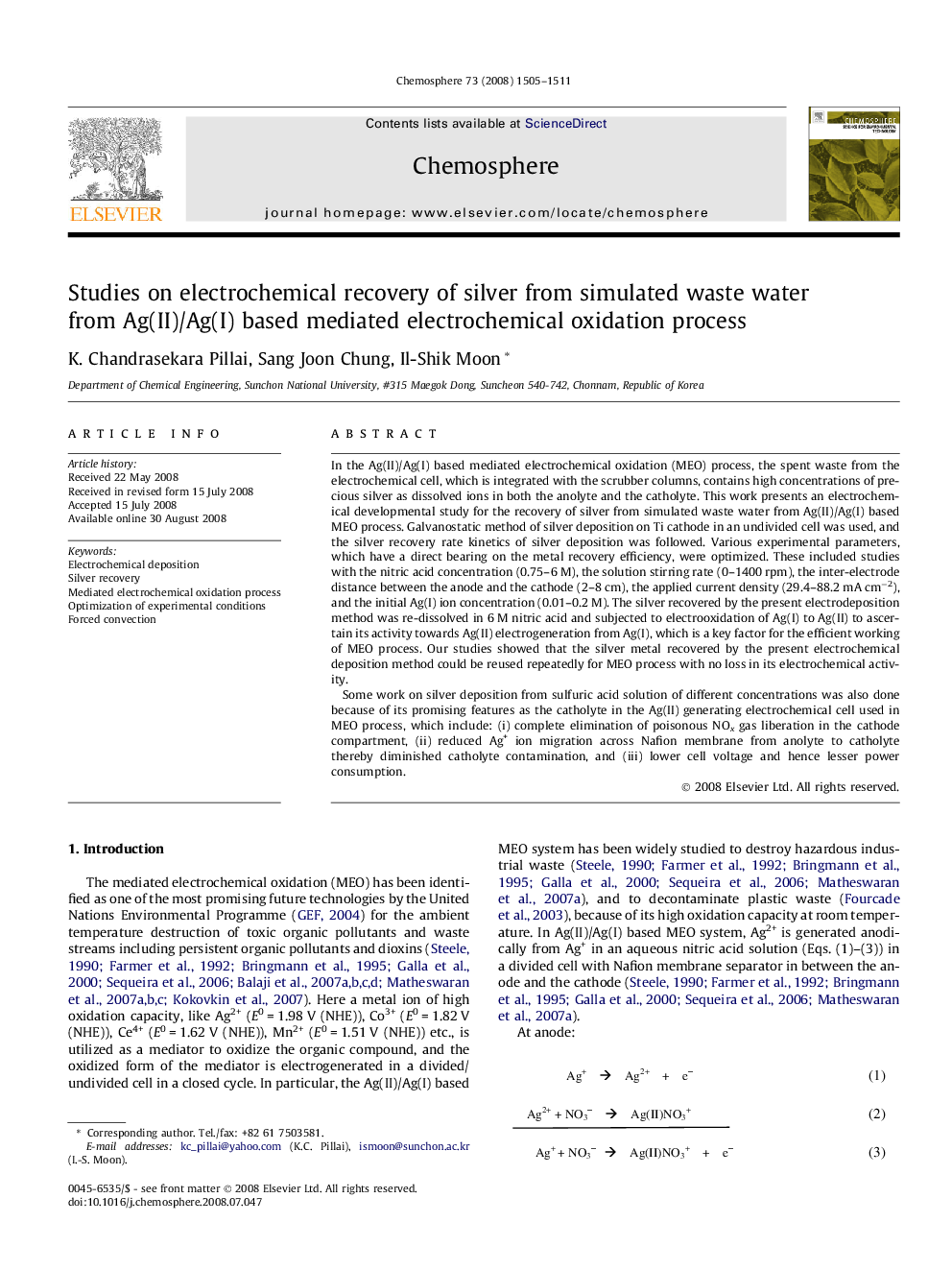 Studies on electrochemical recovery of silver from simulated waste water from Ag(II)/Ag(I) based mediated electrochemical oxidation process