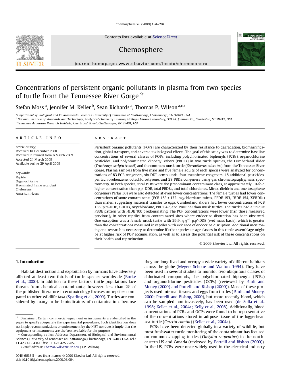 Concentrations of persistent organic pollutants in plasma from two species of turtle from the Tennessee River Gorge 