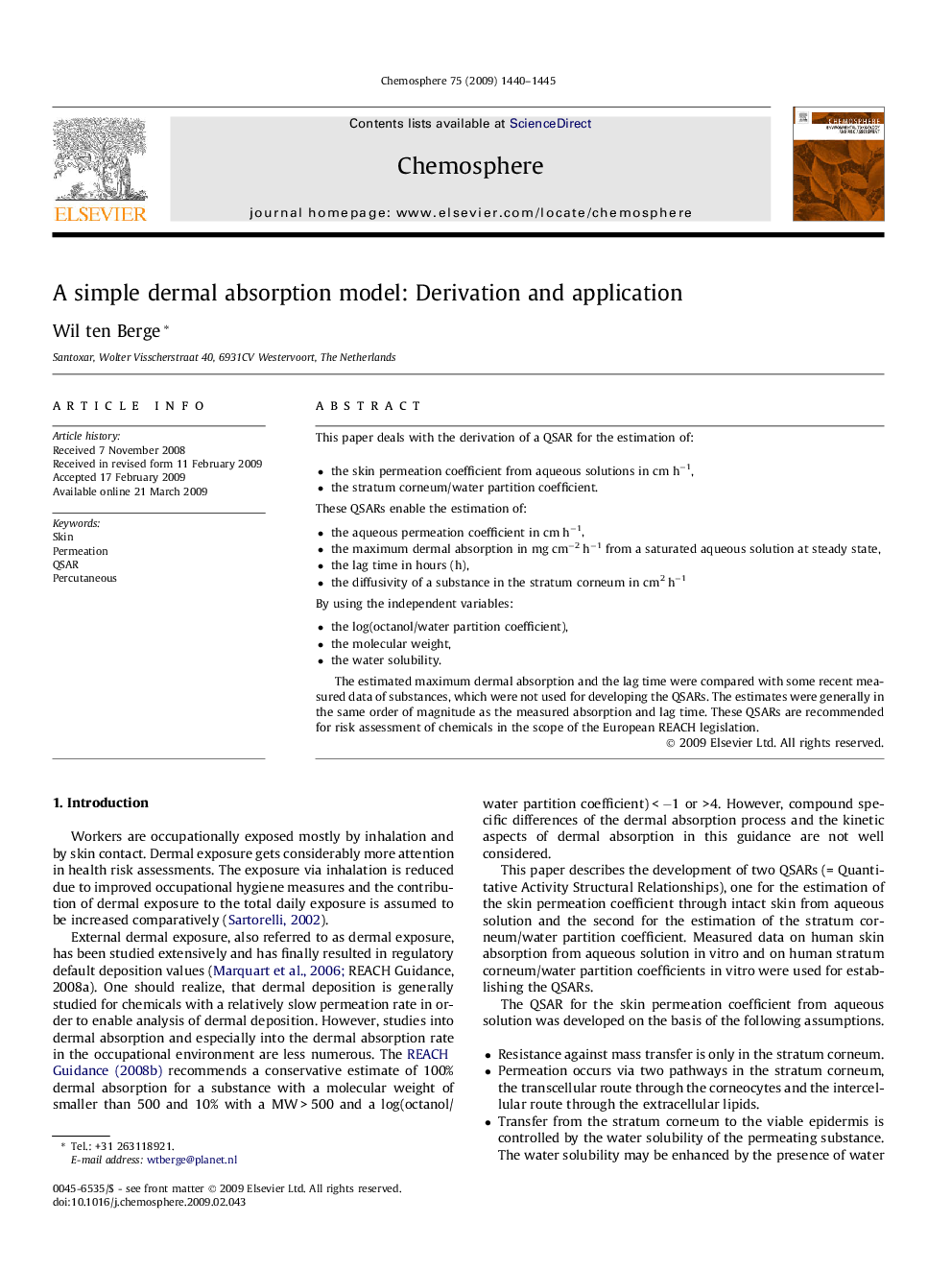 عکس صفحه اول مقاله: A simple dermal absorption model: Derivation and application A simple dermal absorption model: Derivation and application