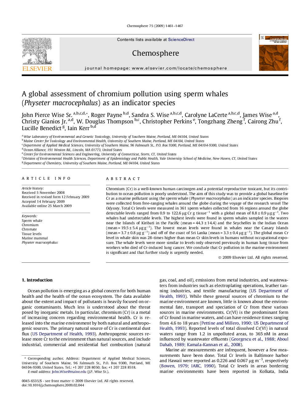 A global assessment of chromium pollution using sperm whales (Physeter macrocephalus) as an indicator species