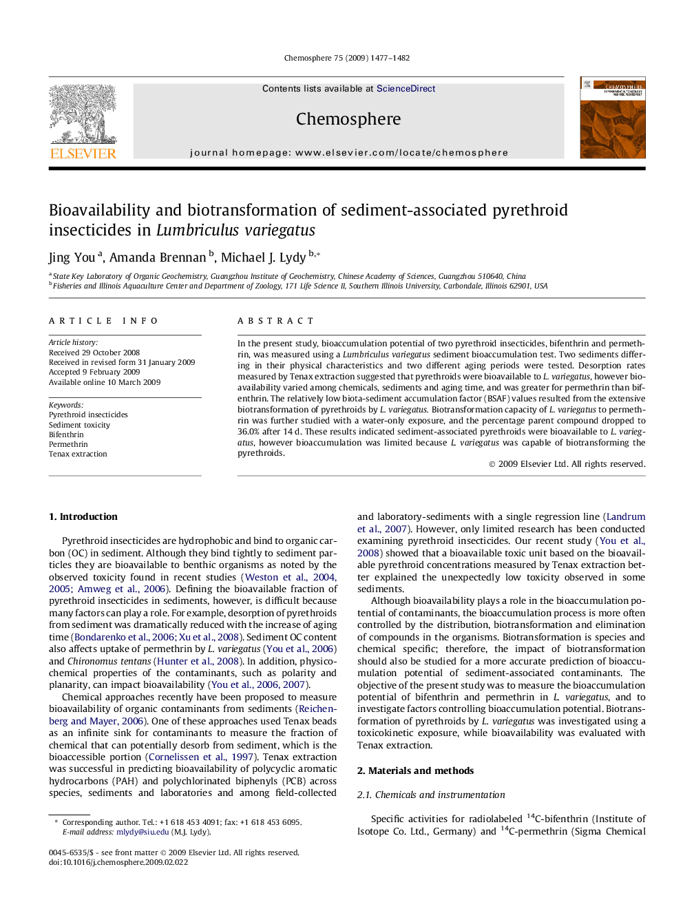 Bioavailability and biotransformation of sediment-associated pyrethroid insecticides in Lumbriculus variegatus