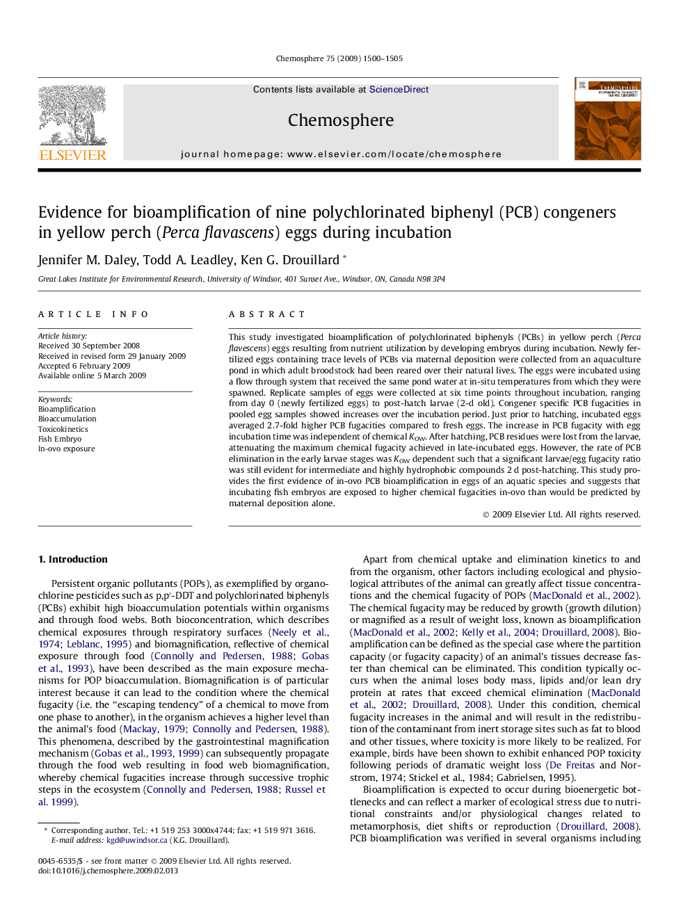 Evidence for bioamplification of nine polychlorinated biphenyl (PCB) congeners in yellow perch (Perca flavascens) eggs during incubation