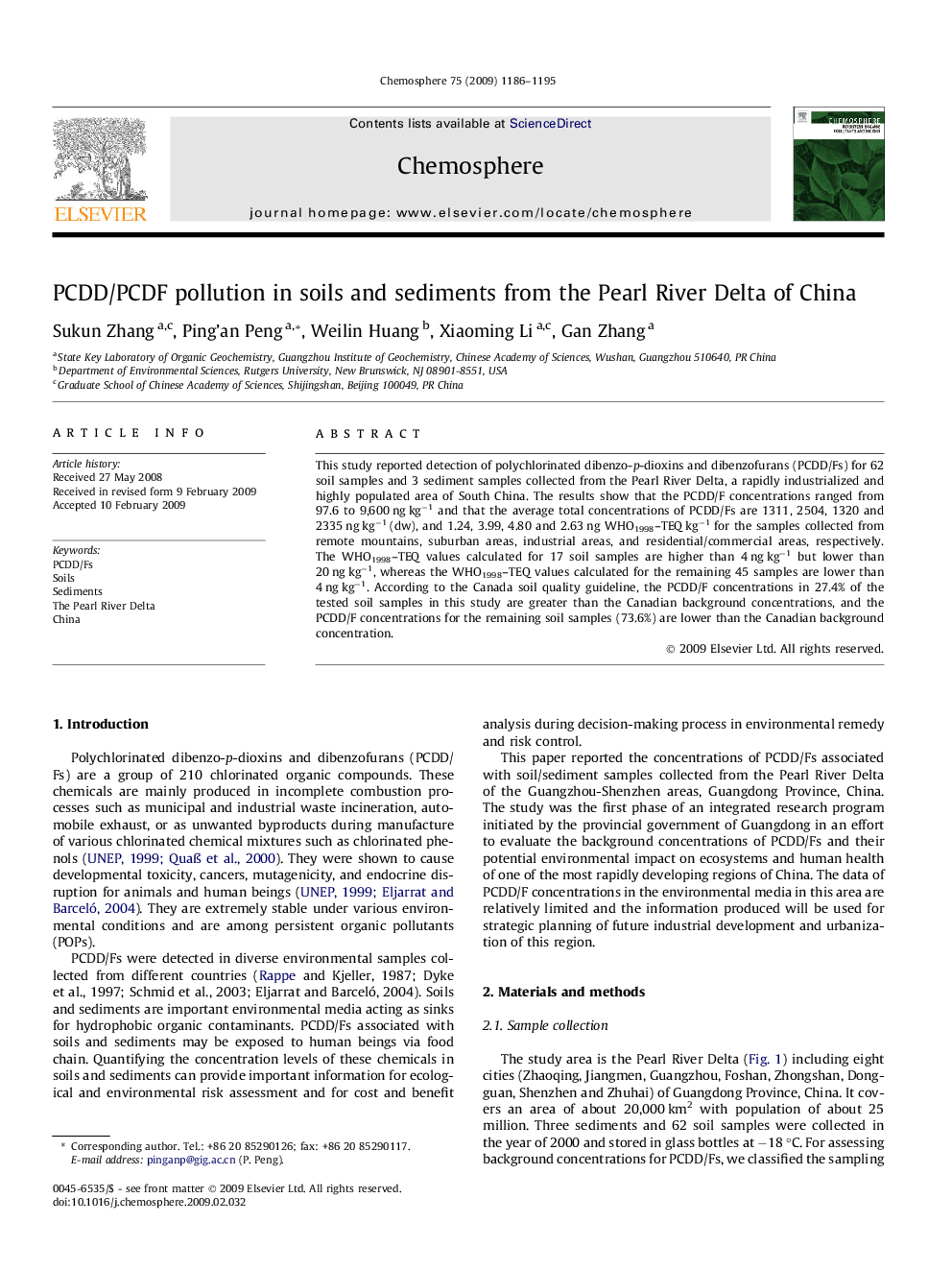 PCDD/PCDF pollution in soils and sediments from the Pearl River Delta of China