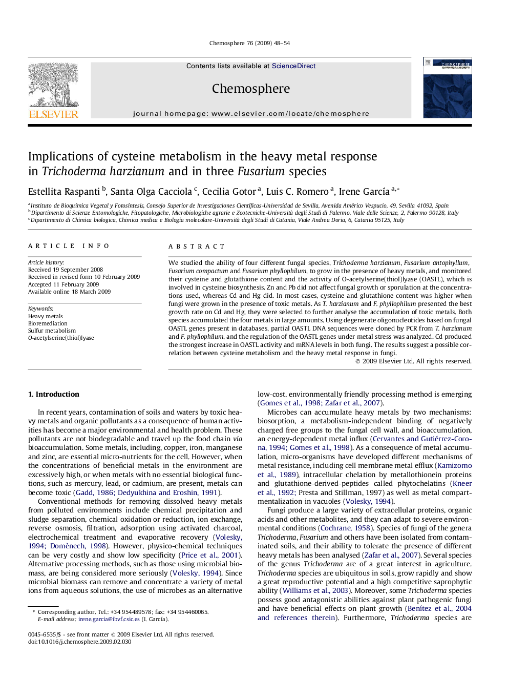 Implications of cysteine metabolism in the heavy metal response in Trichoderma harzianum and in three Fusarium species