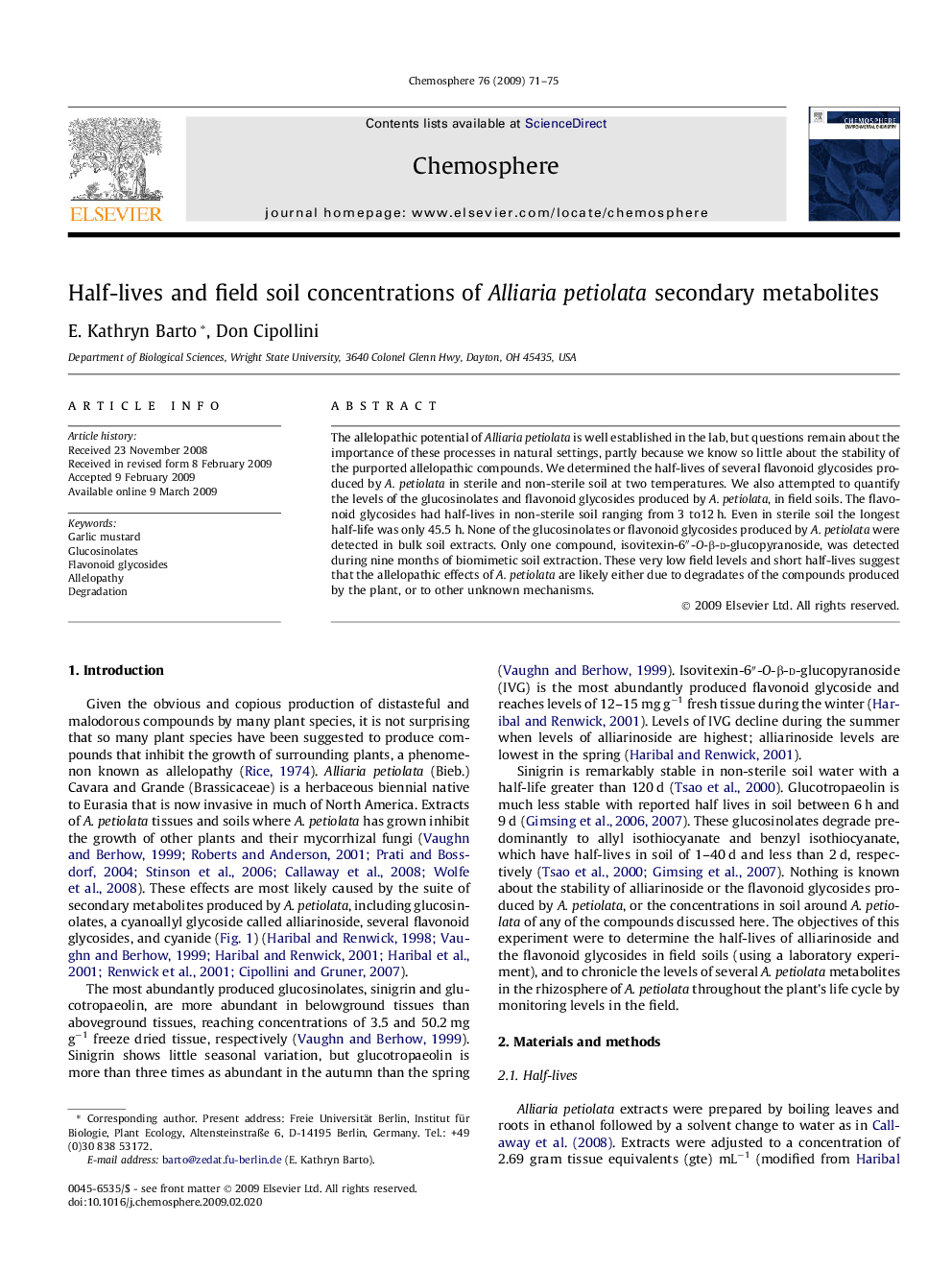 Half-lives and field soil concentrations of Alliaria petiolata secondary metabolites