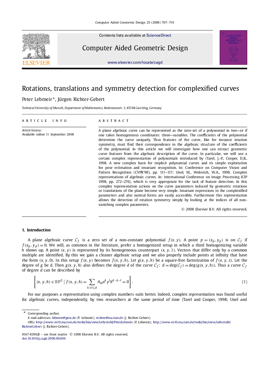 Rotations, translations and symmetry detection for complexified curves