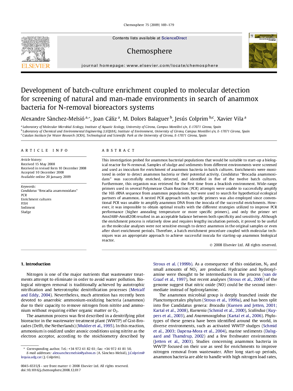 Development of batch-culture enrichment coupled to molecular detection for screening of natural and man-made environments in search of anammox bacteria for N-removal bioreactors systems