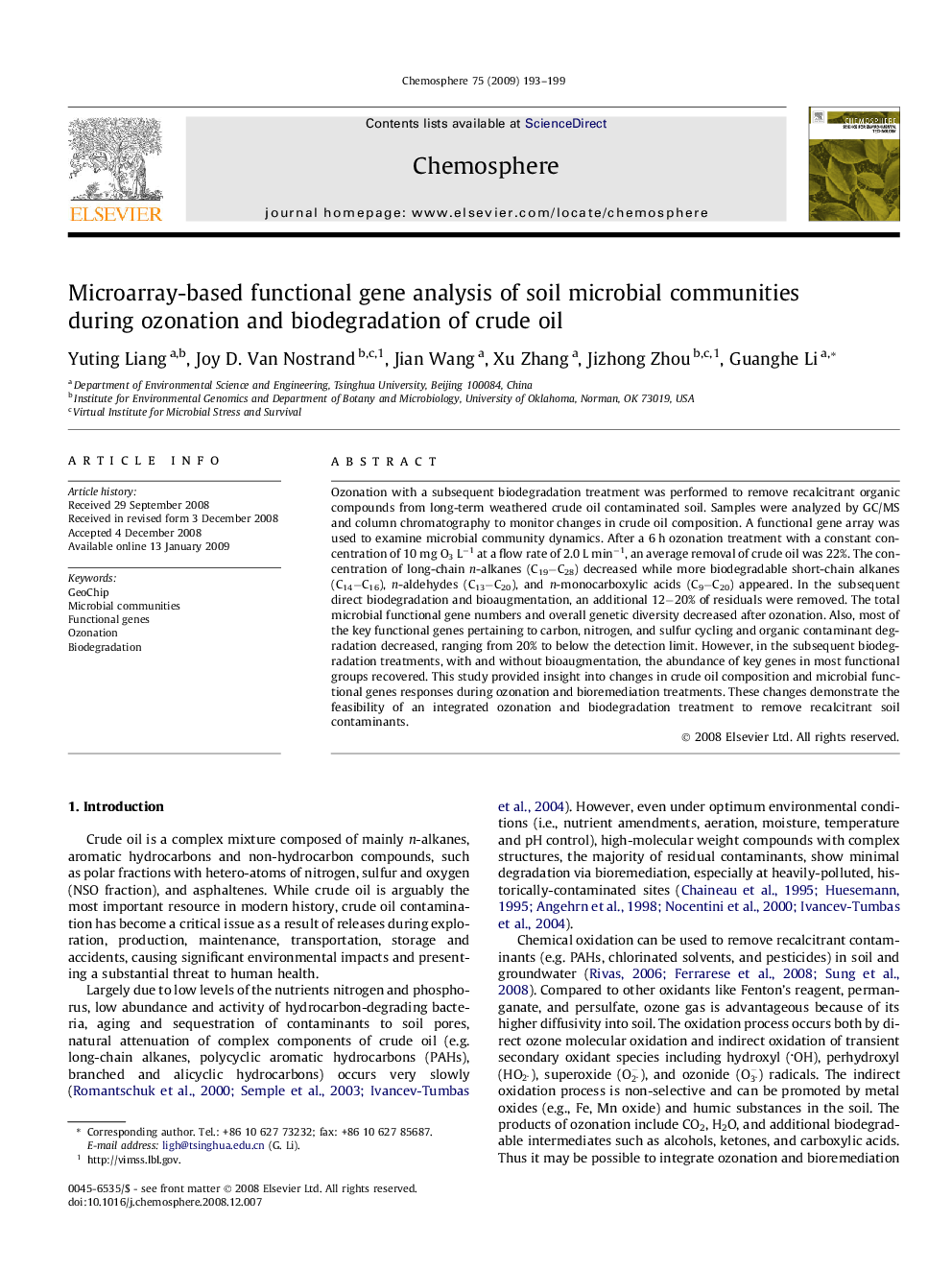 Microarray-based functional gene analysis of soil microbial communities during ozonation and biodegradation of crude oil