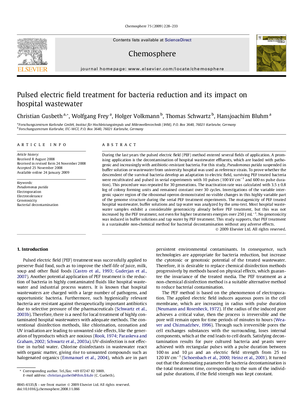 عکس صفحه اول مقاله: Pulsed electric field treatment for bacteria reduction and its impact on hospital wastewater Pulsed electric field treatment for bacteria reduction and its impact on hospital wastewater
