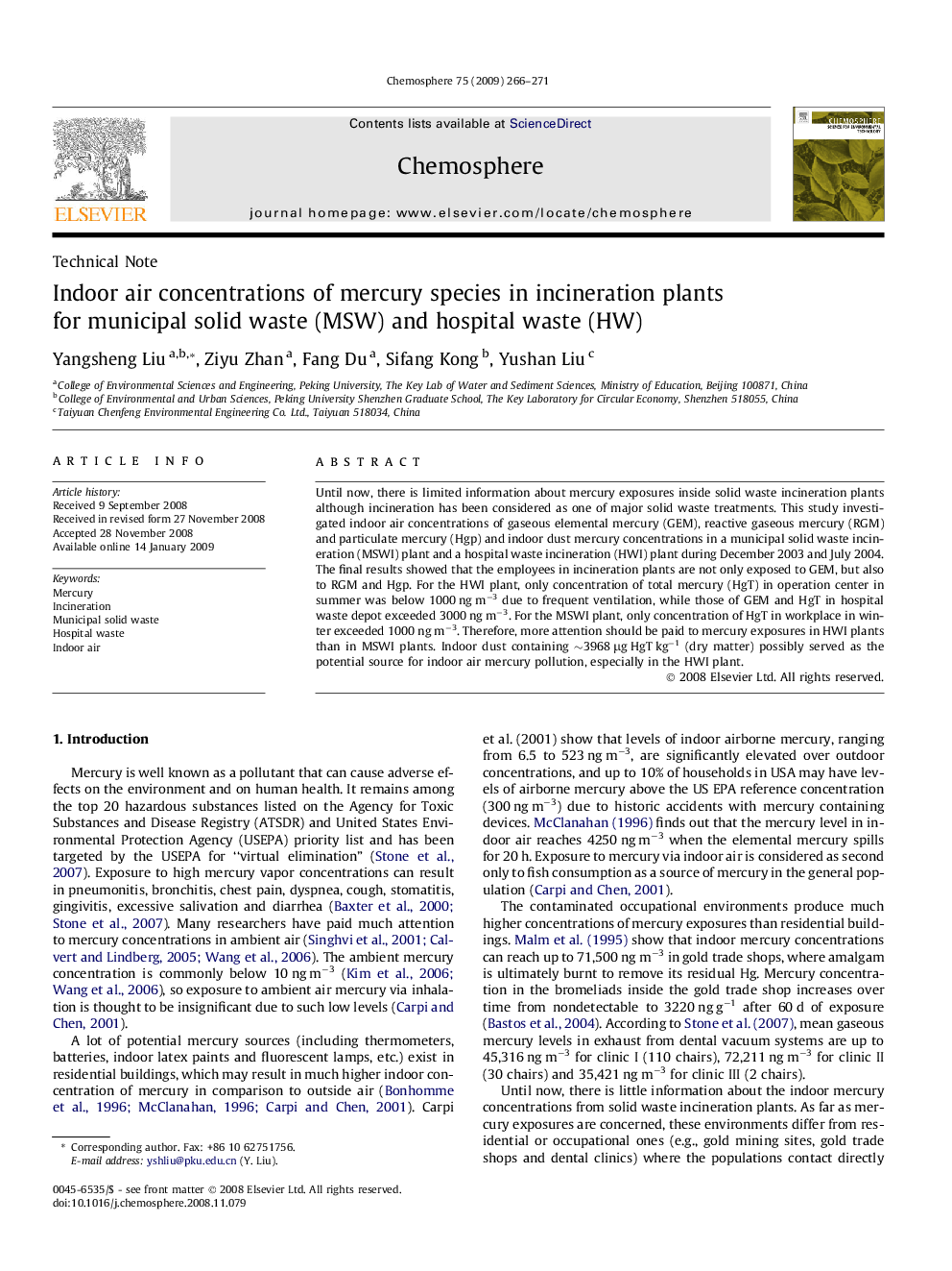 Indoor air concentrations of mercury species in incineration plants for municipal solid waste (MSW) and hospital waste (HW)