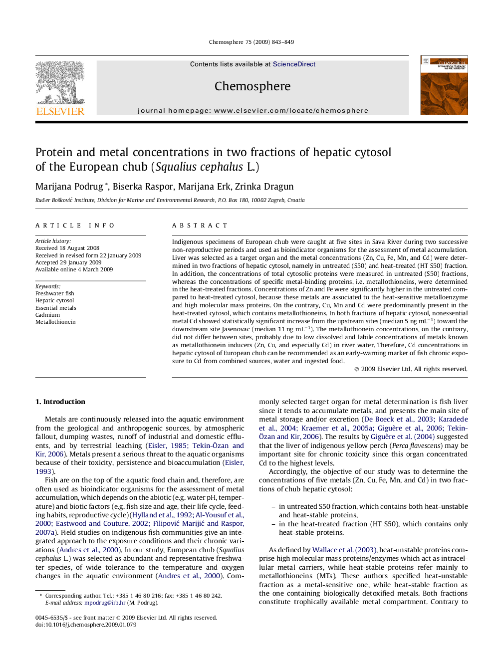 Protein and metal concentrations in two fractions of hepatic cytosol of the European chub (Squalius cephalus L.)