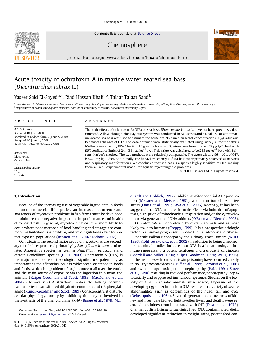 Acute toxicity of ochratoxin-A in marine water-reared sea bass (Dicentrarchus labrax L.)