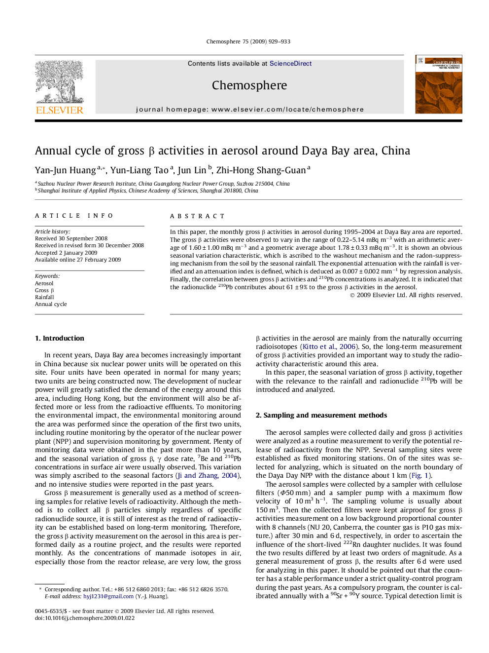 Annual cycle of gross β activities in aerosol around Daya Bay area, China