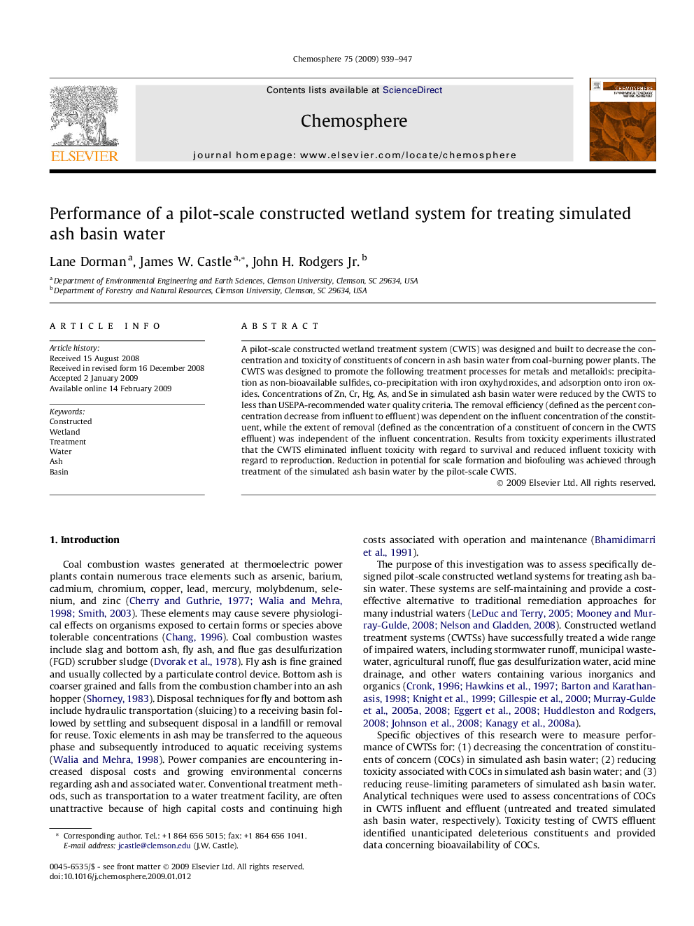 Performance of a pilot-scale constructed wetland system for treating simulated ash basin water