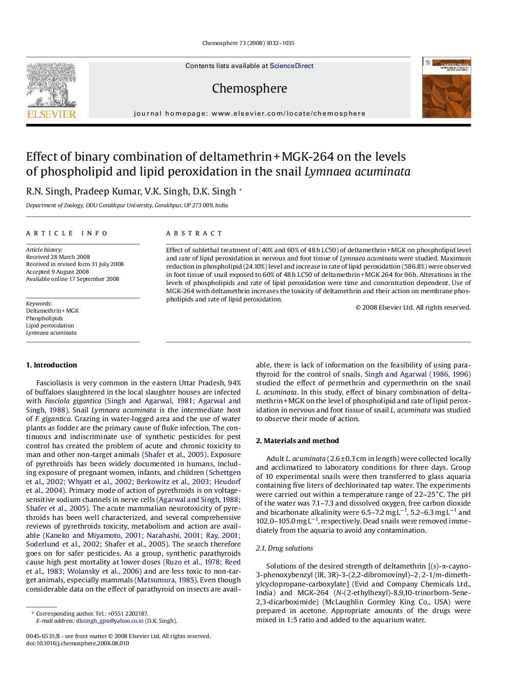 Effect of binary combination of deltamethrin + MGK-264 on the levels of phospholipid and lipid peroxidation in the snail Lymnaea acuminata